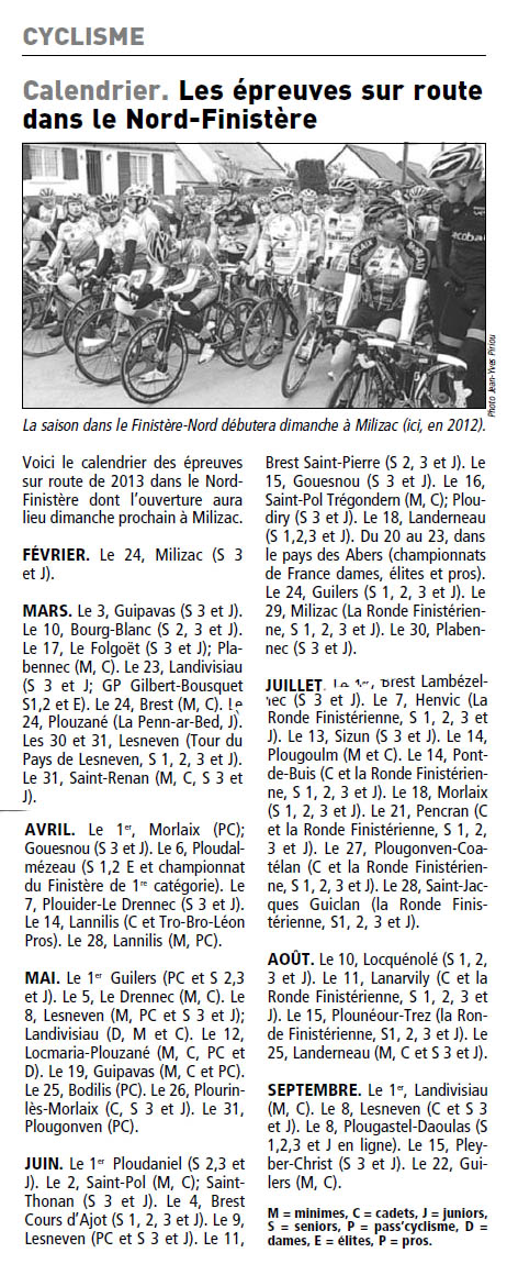 Club Cycliste Bourg-Blanc (FFC - FSGT): Calendrier courses sur route
