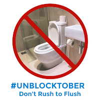 Don't Rush to Flush #Unblocktober A white toilet within a red No Entry style circle, with the words 'don't rush to flush #Unblocktober' underneath