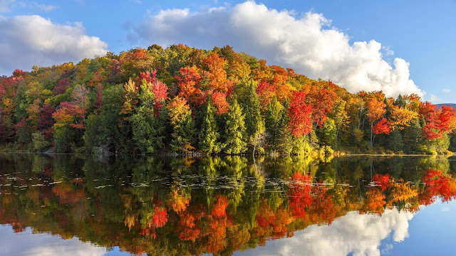 Wallpaper autumn landscape, lake, forest, clouds