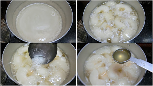 鍋にグラニュー糖、白ワイン、水を中火で沸騰させたら梨を入れて煮込みます。 次第にあくが浮いてくるのでお玉ですくいながら取り除き、ある程度なくなってきたらレモン汁をまわし入れます。