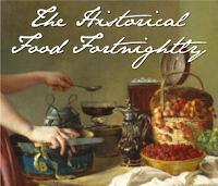 Detail from an 1850s painting with a woman's hands gesturing over a table of food.