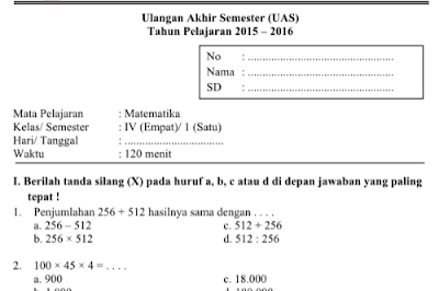 Download soal-soal UAS kelas 4 SD/MI semester 1 semua mata pelajaran.