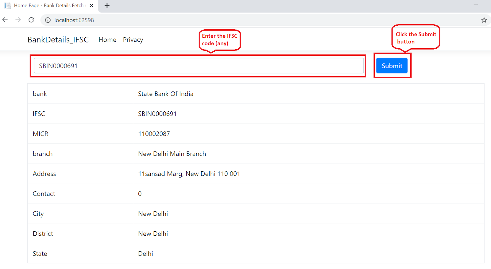 Consume Restful API to get the bank details using IFSC Code in