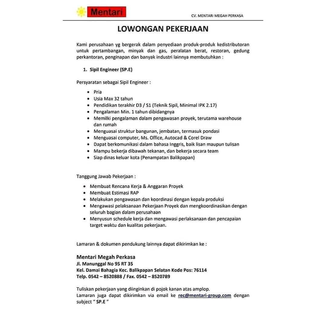 Lowongan kerja CV Mentari Megah Perkasa sebagai Sipil Engineer (SP.E