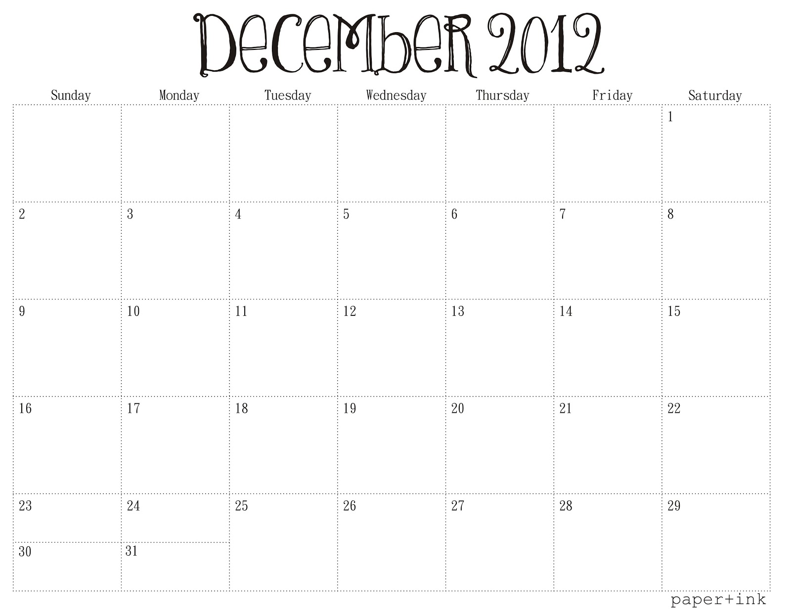Free Printable Calendars December 2012