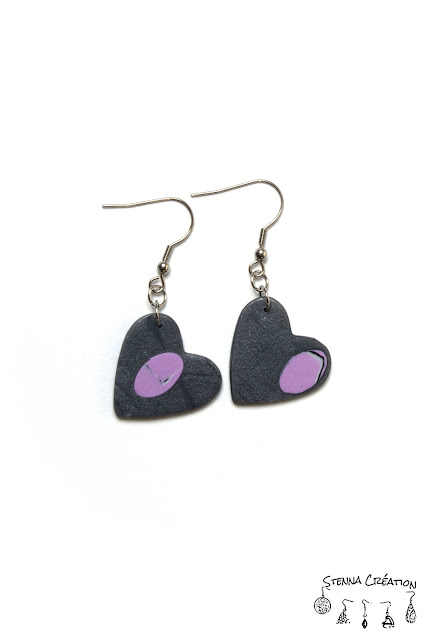 Boucles oreilles pâte polymère WaterColor Mosaic Violet gris Stenna Création Fimo Cernit 