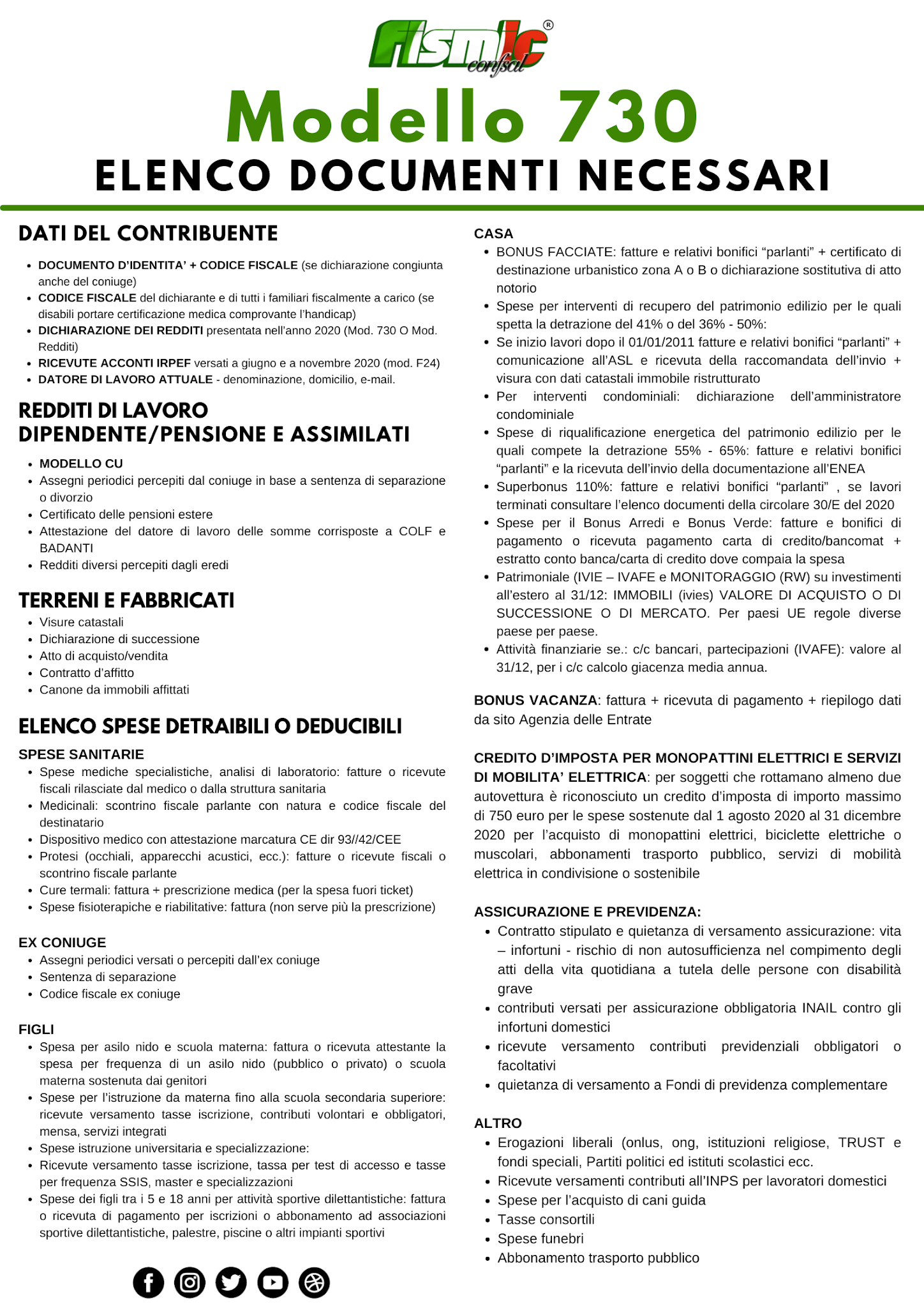 Fismic Brescia Modello 730 2021 Elenco documenti necessari