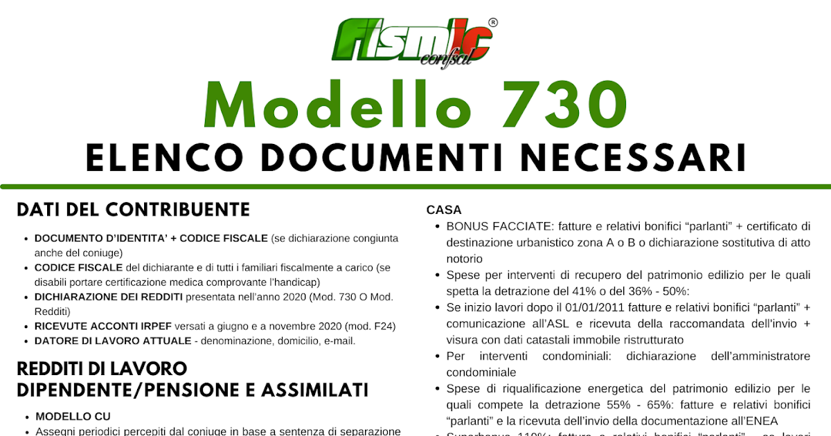 Fismic Brescia Modello 730 2021 Elenco documenti necessari