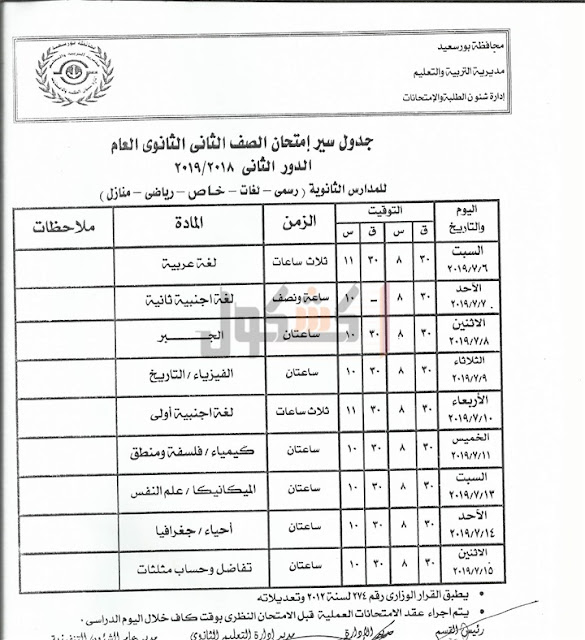 جداول امتحانات الدور الثاني 2019 محافظة بورسعيد 256