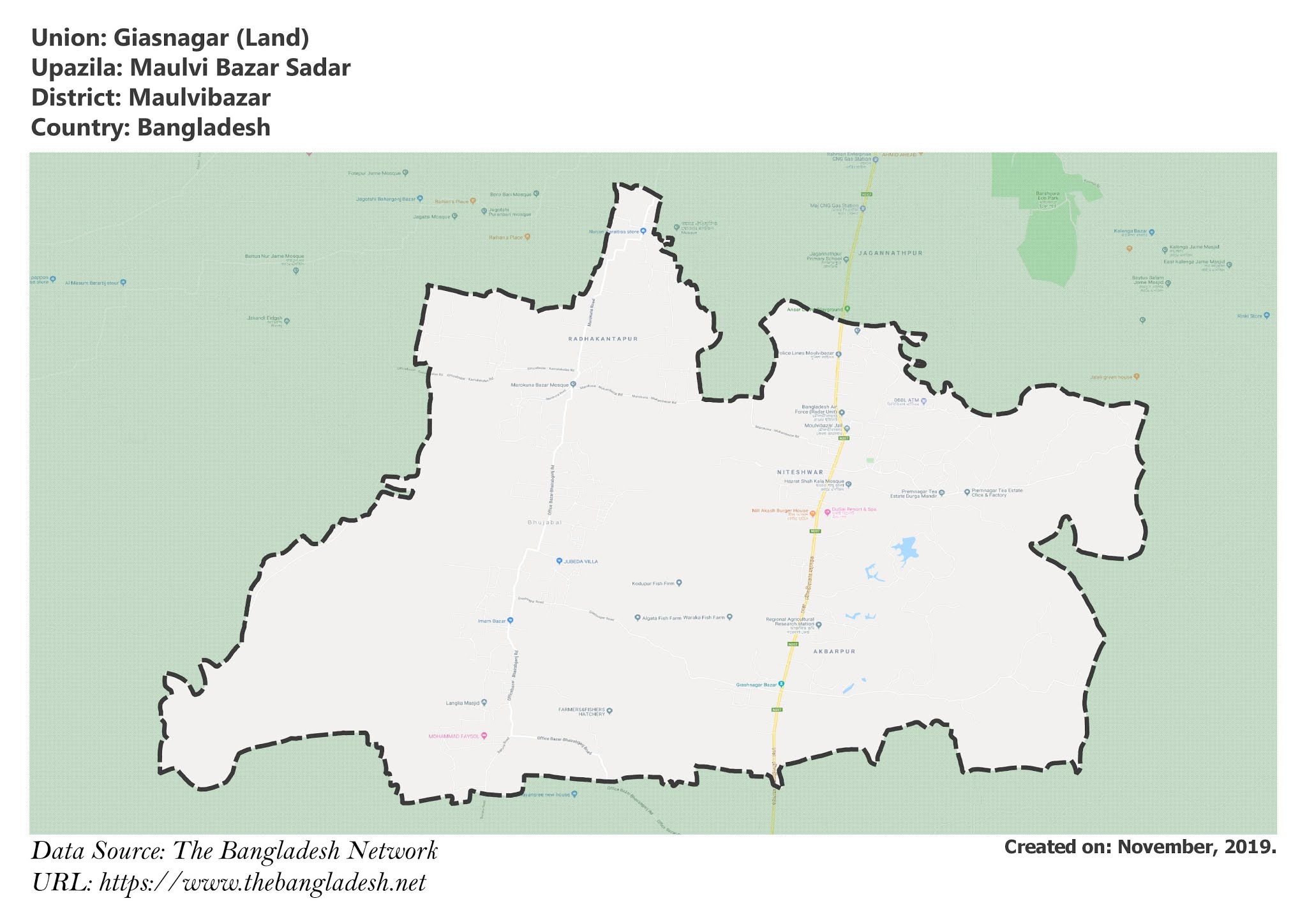 Map of Giasnagar of Maulvibazar, Bangladesh.