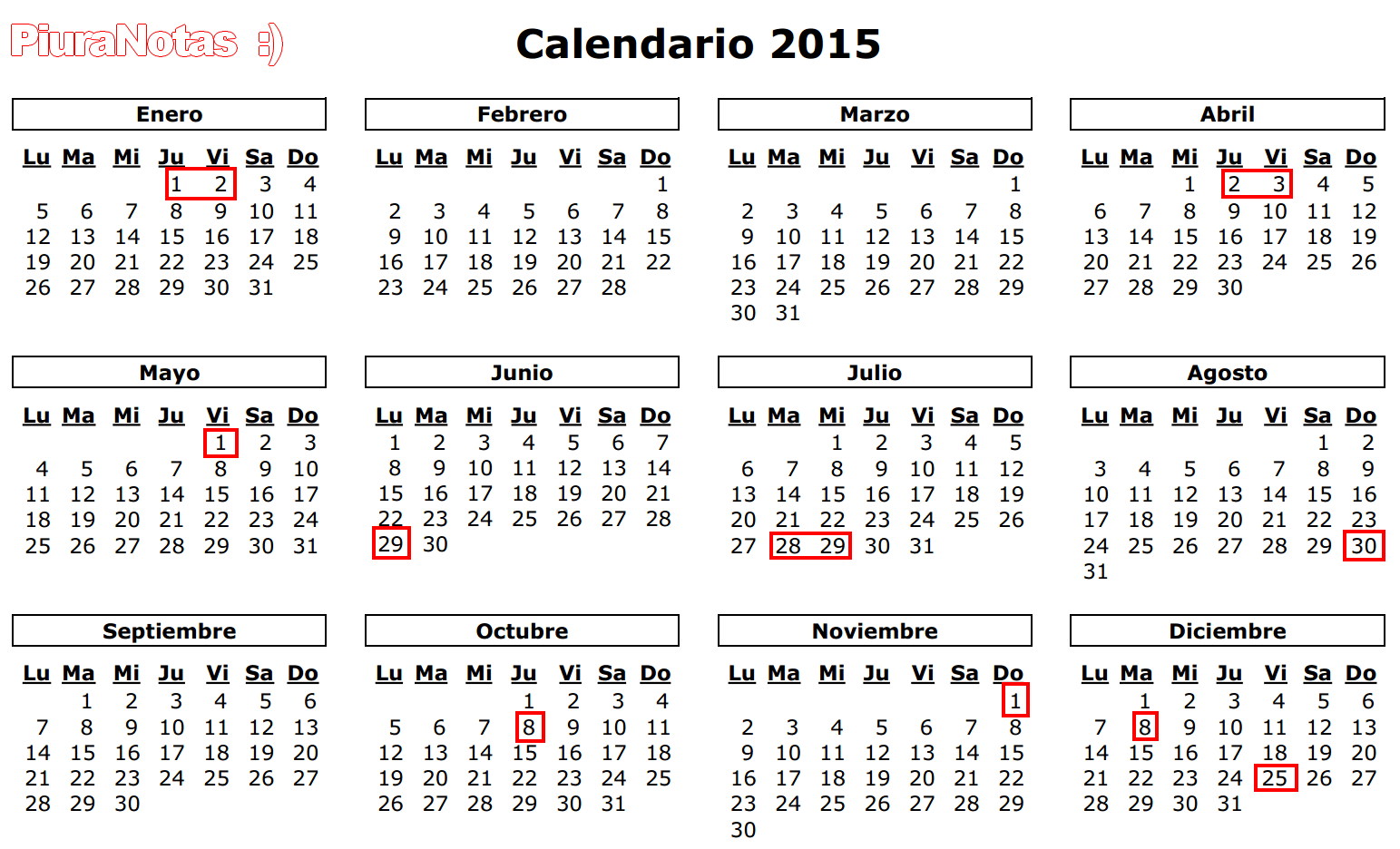 Calendario 2015 con feriados para imprimir en A4