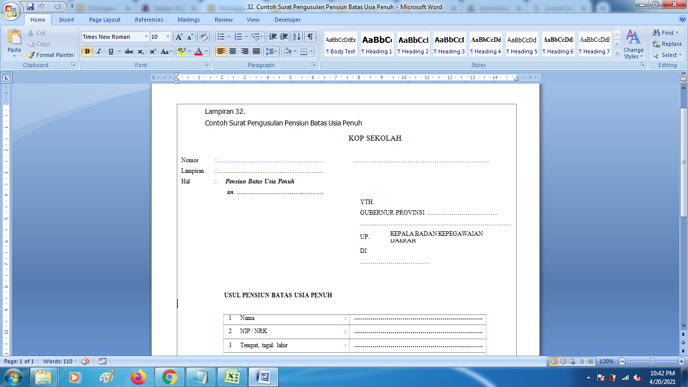 Format Terbaru Contoh Surat Pengusulan Pensiun Batas Usia Penuh