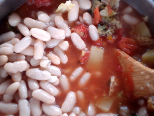 cannelini beans and chopped tomatoes in the soup