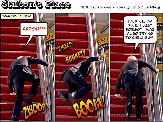 stilton’s place, stilton, political, humor, conservative, cartoons, jokes, hope n’ change, biden, fall, steps, stairs, windy, asshole