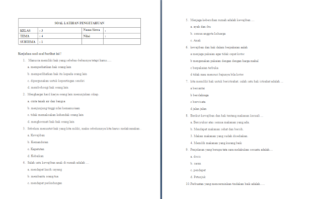 Soal PH Kelas 3 SD/MI: Tema 4