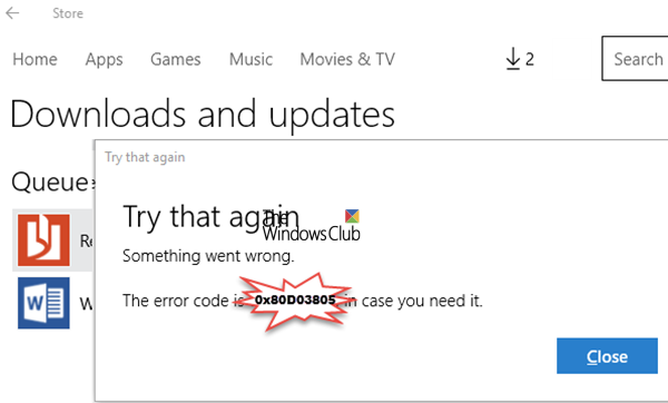Errore di Microsoft Store 0x80D03805