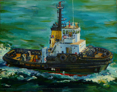 Plein air oil painting of the Svitzer tug 'Wonga' in Sydney Harbour passing Goat Island painted by marine artist Jane Bennett