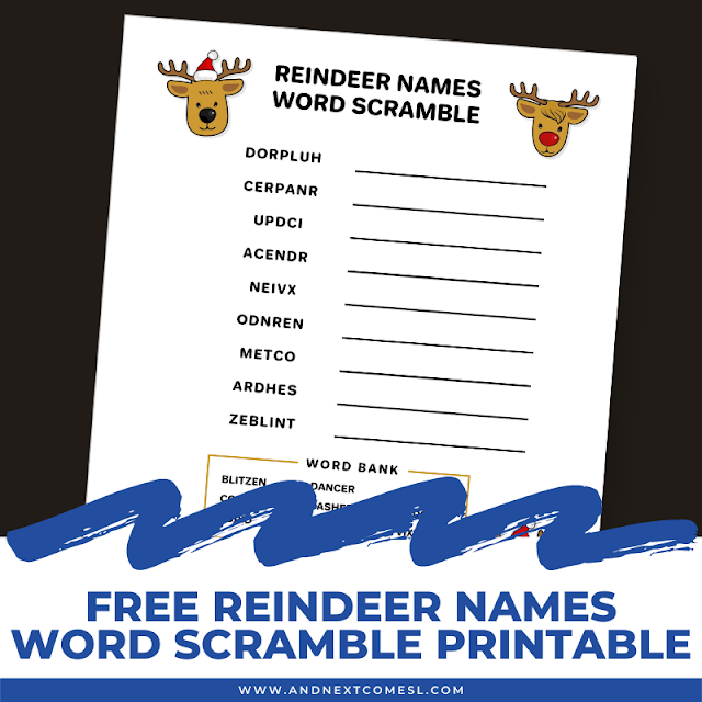Reindeer name word scramble printable with answers