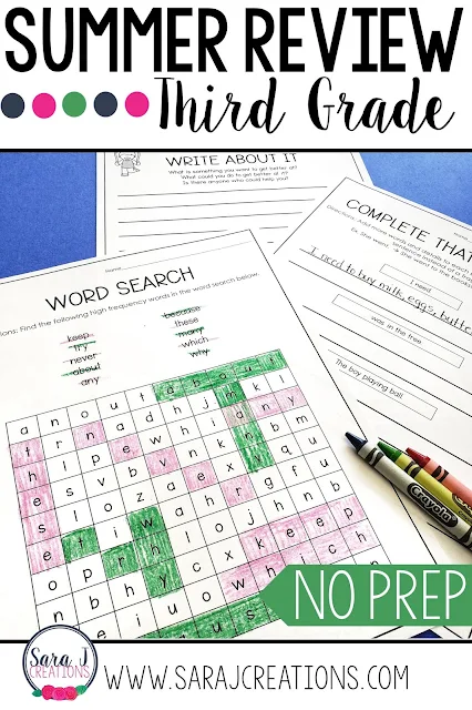 Third Grade Summer Review packet includes 80 pages of no prep work to help prevent summer slide.  Some of the topics covered include telling time, fractions, money, place value, vowel sounds, parts of speech, editing sentences and more!