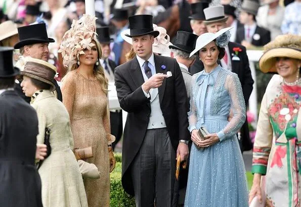 Duchess of Cambridge is wearing a custom Elie Saab dress. Queen Maxima is wearing Natan dress. Princess Eugenie and Zara Tindall