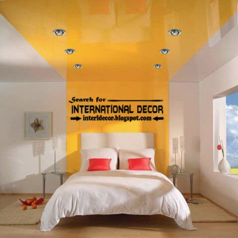 stretch ceilings in the interior of modern apartment, yellow stretch ceiling for modern bedroom