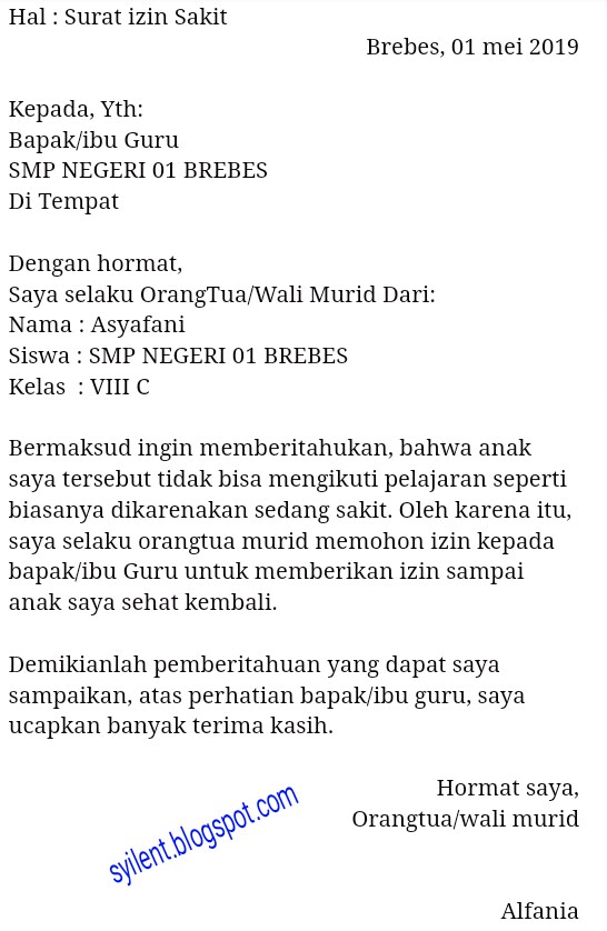 Surat Izin Tidak Masuk Sekolah Karena Sakit Untuk Anak