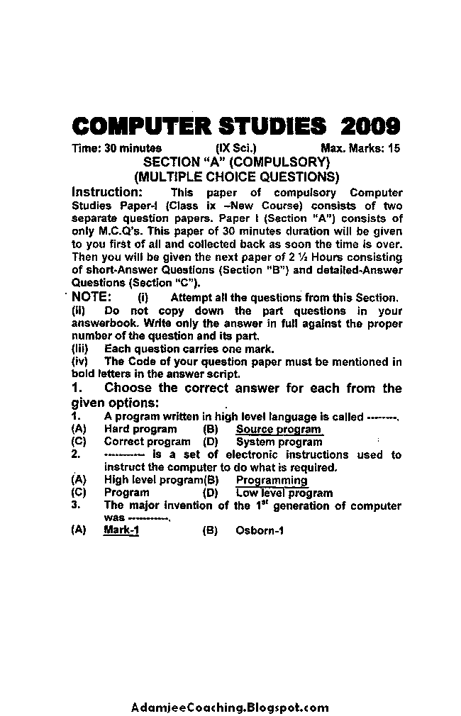 Adamjee Coaching IX Computer Studies Past Year Paper 2009