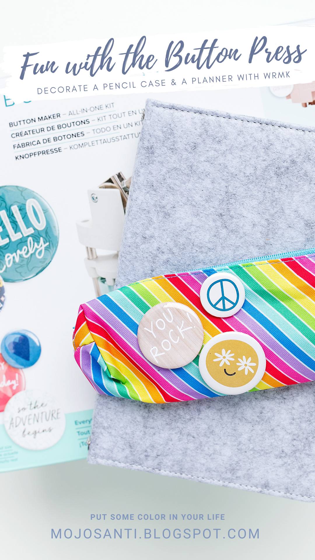 Pimp a planner and a pencil case with the Button Press Machine by WRMK Pinterest Pin for projects with the Button Press by We R Memory Keepers colorful pencil case with flair buttons
