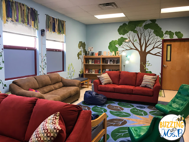 Comfy seating and cozy decor in our reading garden.