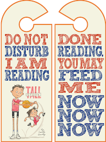 Tall Story Do Not Disturb I am Reading door hangers. Illustration by Sarah McIntyre. Designed by Candy Gourlay