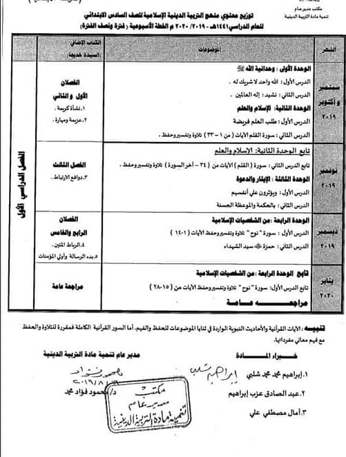  توزيع مناهج التربية الاسلامية للصفوف الابتدائية الترمين 2019 - 2020 9