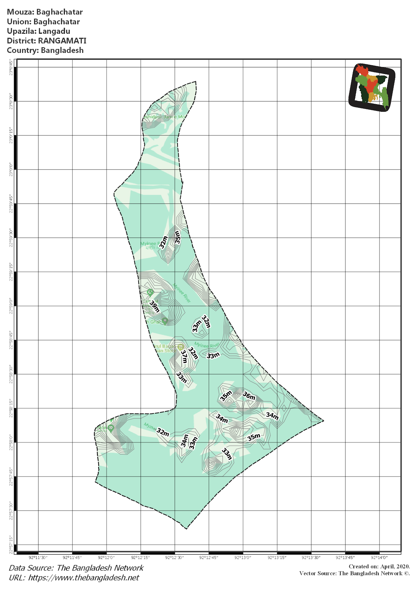 Map of Baghachatar Mouza of Langadu Upazila, RANGAMATI, Bangladesh.