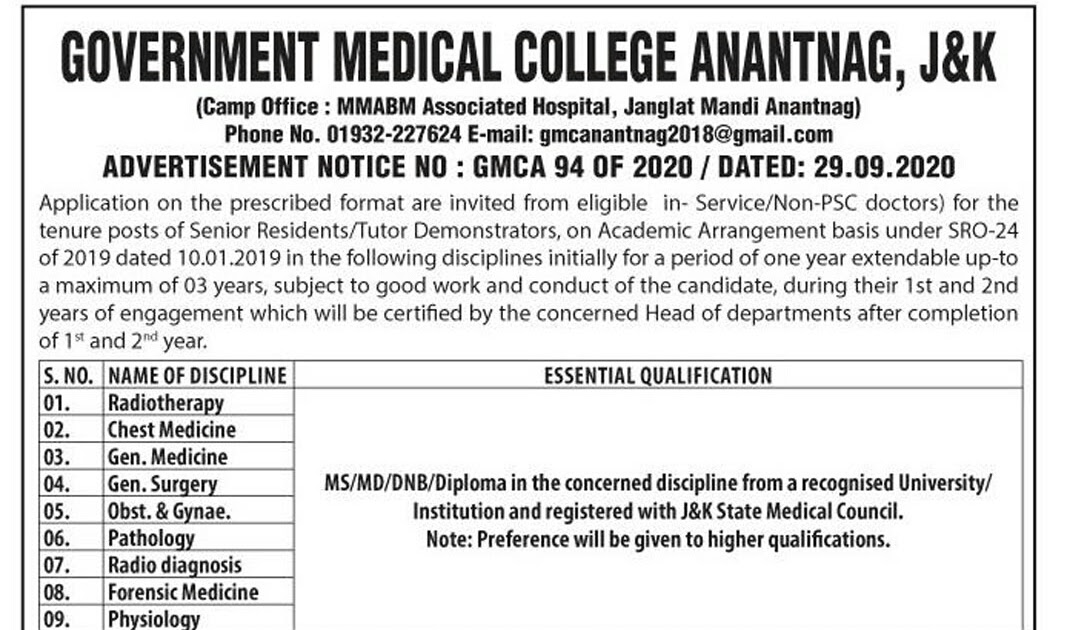 Jobs in various districts of Kashmir Jobs in J&K Government Jobs