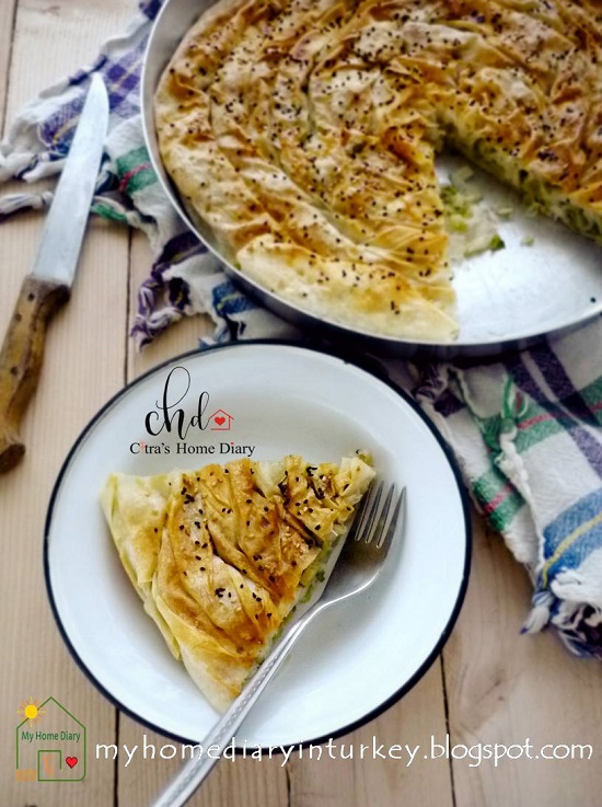 Turkish Leek Pastry borek / Pırasa Böreğı. If you want to experience Mediterranean- middle east cuisine, start with this simple Pırasa Böreğı, you are going to love it! #leek #börek #burek #phyllopastryrecipe #turkishfood #turkishborekpastry #citrashomediary #maindish #sidedish #mediterranean #middleeast #ayran #yoghurt