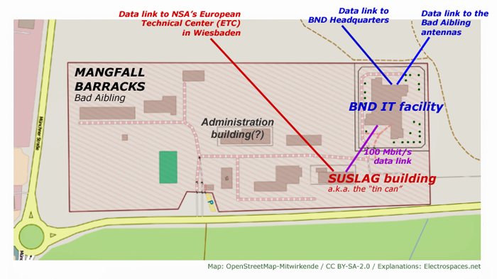 The BND and SUSLAG facilities at the Mangfall Barracks in Bad Aibling, Germany