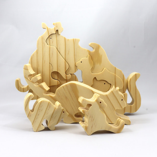Handmade Wood Toy Stacking Cats Eight Piece Puzzle