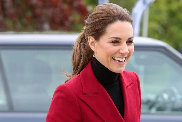 Kate Middleton wore a red Philosophy blazer and Kiki McDonough citrine pear drop earrings