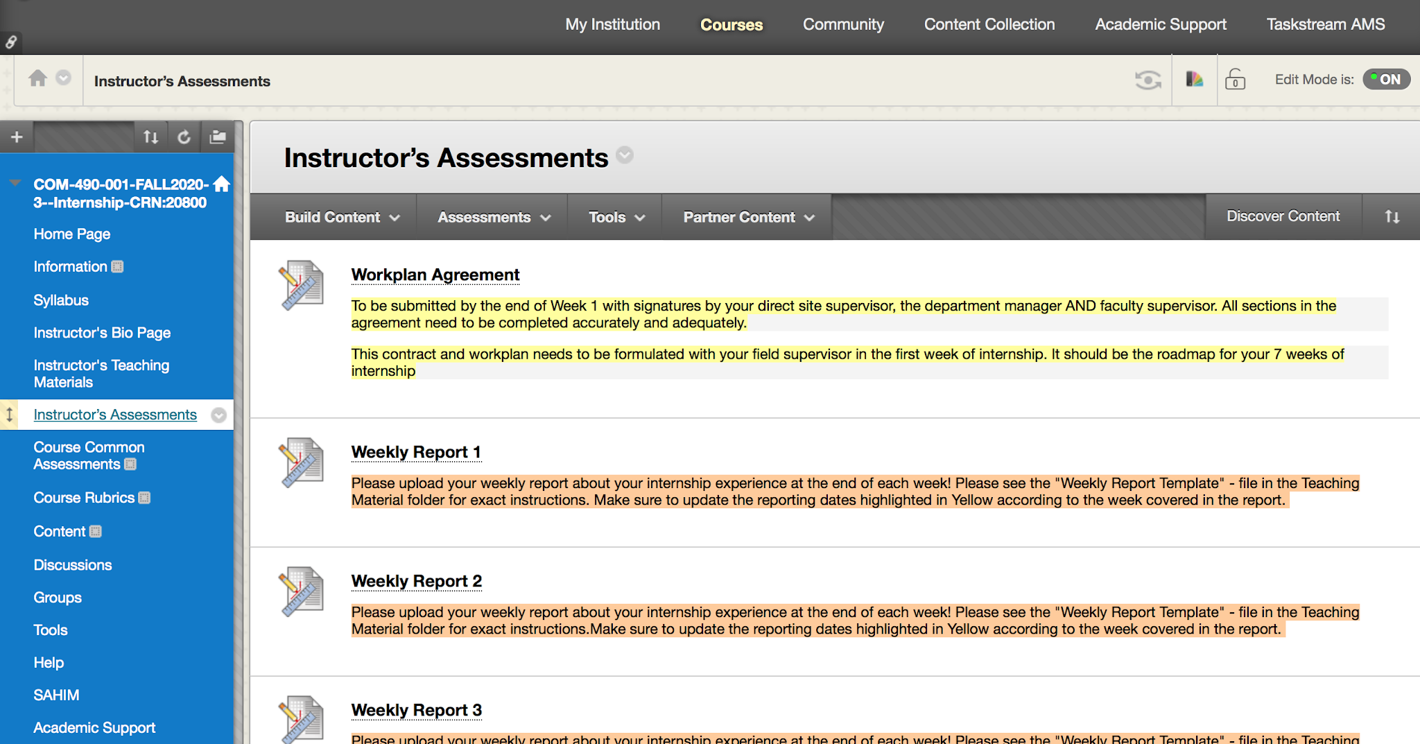 CCMS Internship Program Blackboard Requirements