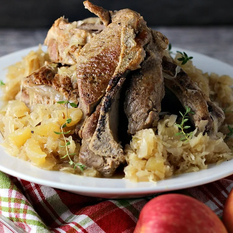 Country Style Ribs with Sauerkraut by Renee's Kitchen Adventures plated in a white bowl garnished with fresh thyme, ready to serve