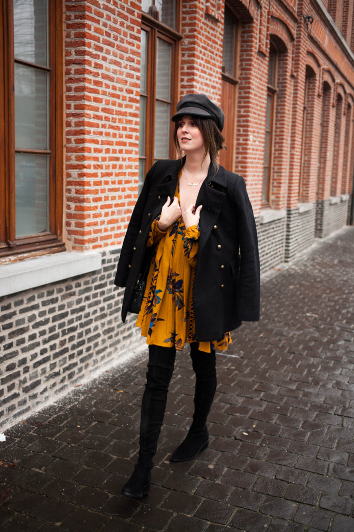 Outfit: 60s inspired in boho dress and bakerboy hat
