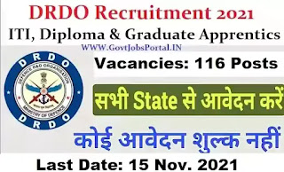 DRDO Recruitment for 116 Graduate, Diploma & Trade Apprentice Posts 2021