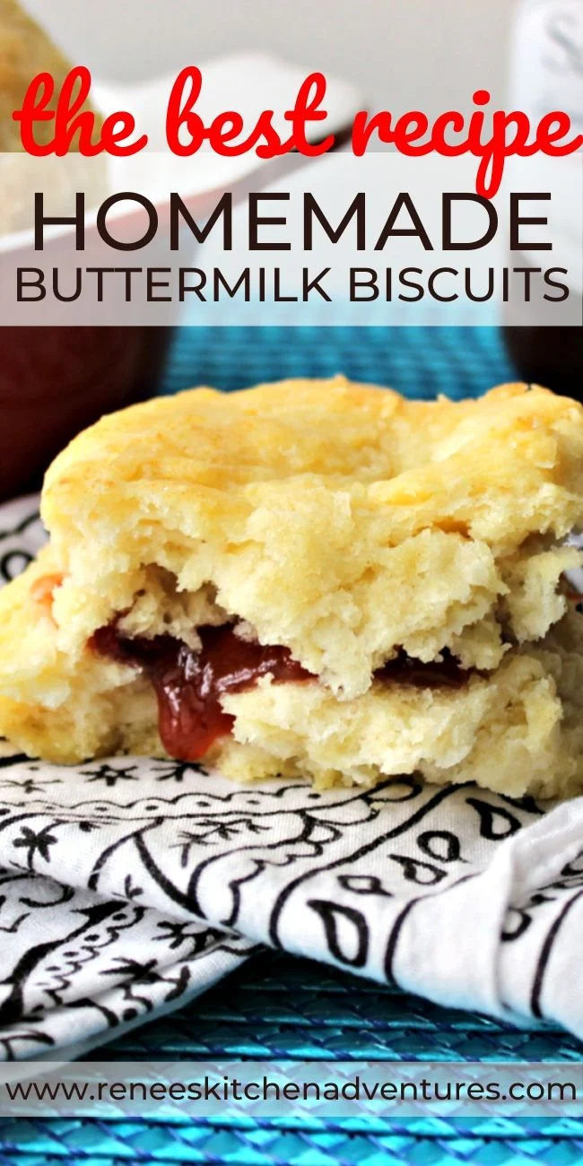 Easy Peasy Buttermilk Biscuits by Renee's Kitchen Adventures pin for Pinterest with an image of a biscuit with jam oozing out of the middle