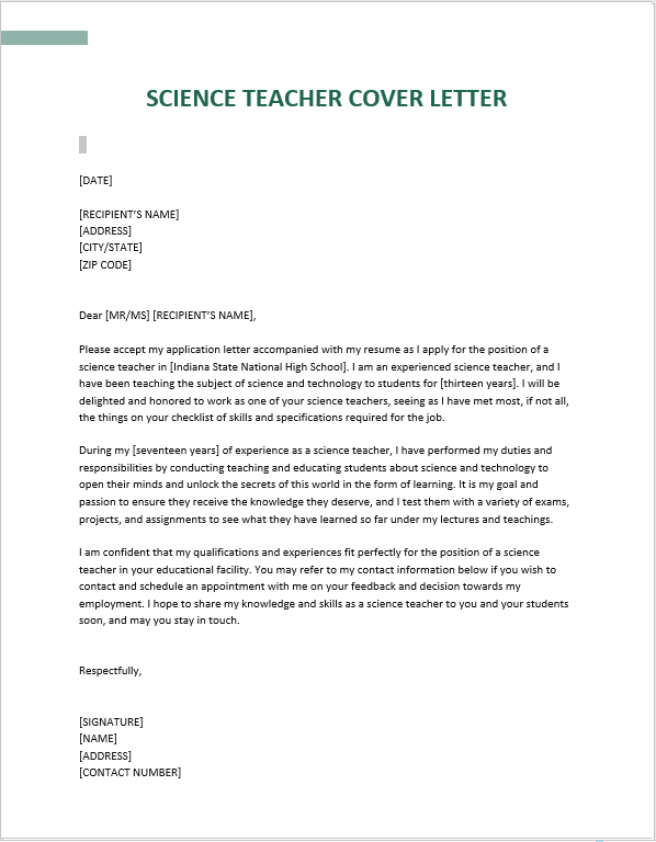 cover letter for high school science teacher