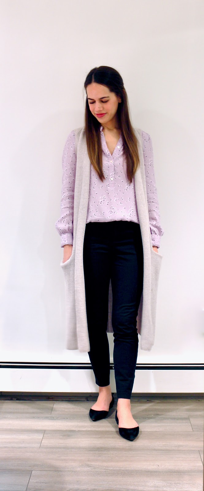 Jules in Flats - Lilac Floral Blouse with Long Knit Vest (Business Casual Winter Workwear on a Budget)