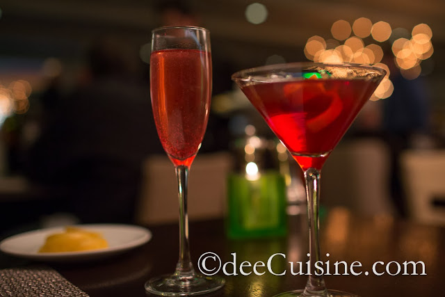 A bubbly cocktail and a Manhattan