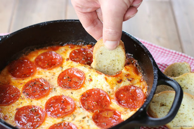 Pizza Dip recipe with bread dippers from Served Up With Love