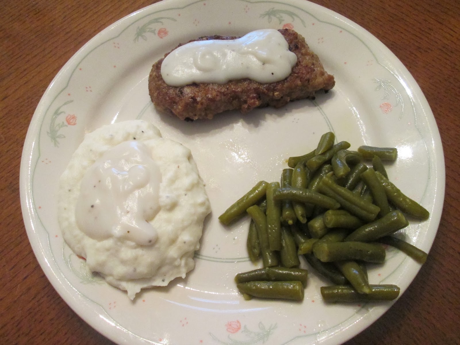 Diab2Cook Cubed Steak w/ White Gravy, Mashed Potatoes, and Green Beans