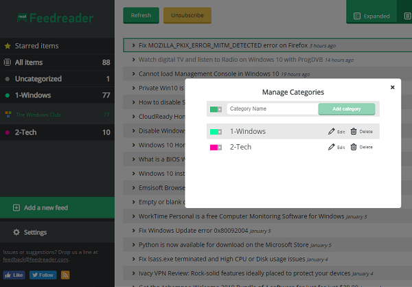 Categorias de clasificación de feedreader