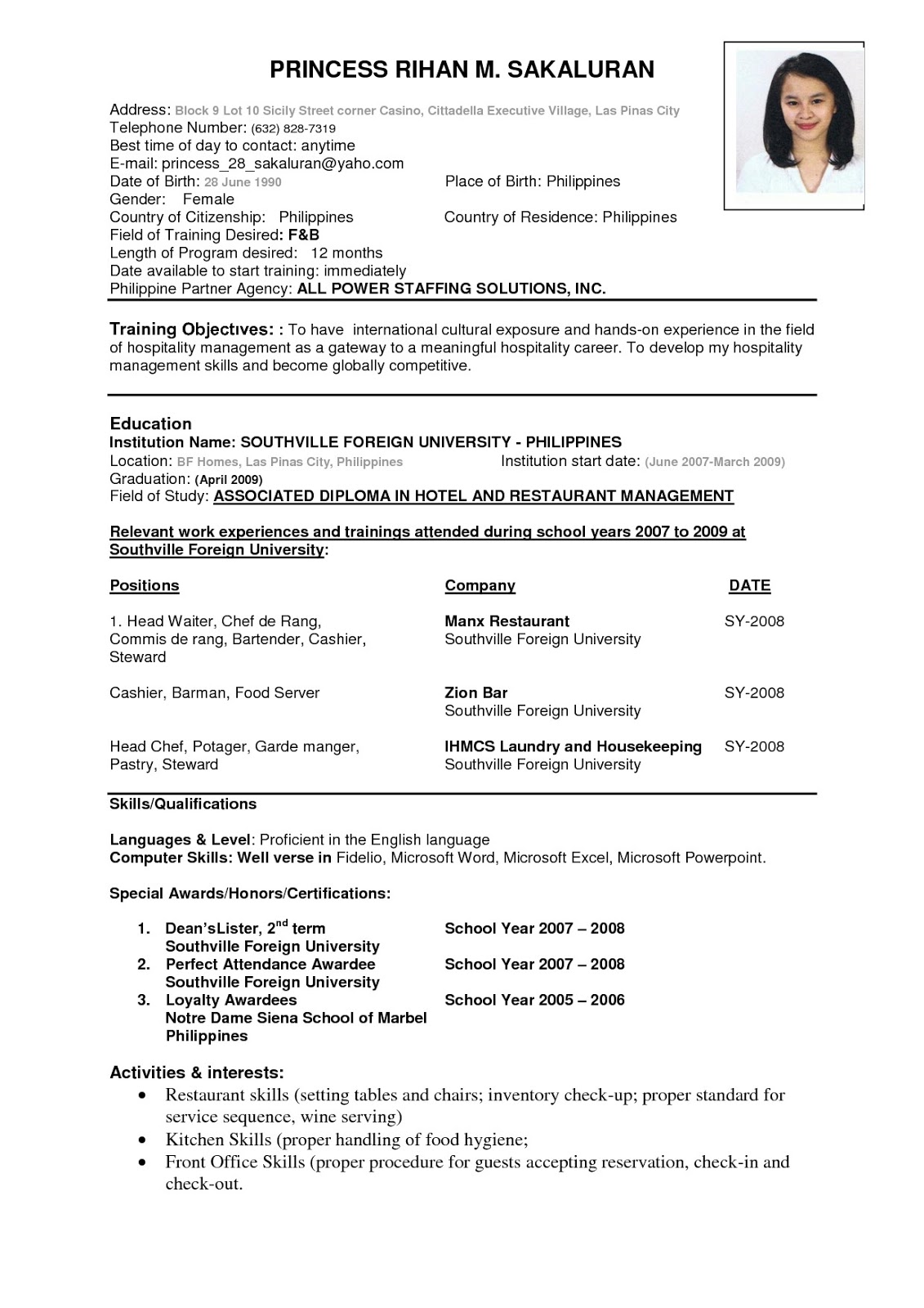 resume sample for job application student