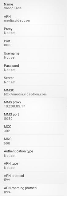 Videotron APN settings for Android HTC Nexus One Galaxy S5 S6